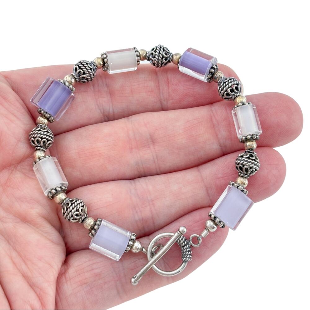 Vintage Sterling Silver 925 Purple Glass Barrel Bead Bracelet 8"